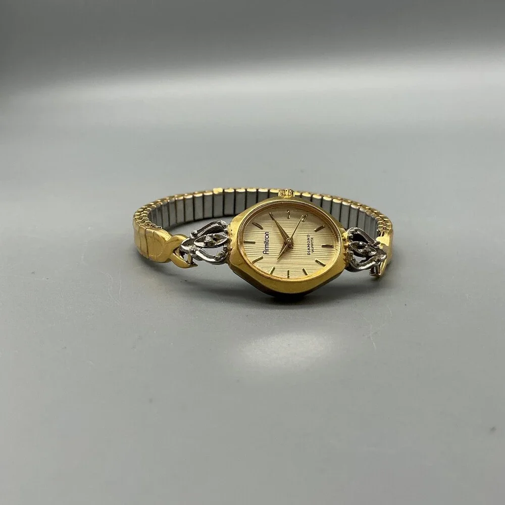 Vtg Armitron Diamond Womens Watch 18mm Champagne Dial Gold Tone New Battery